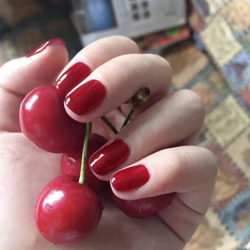 Cherry Delight Medium Length Squoval Shape Deep Red Glossy Finish Press On Nail Set