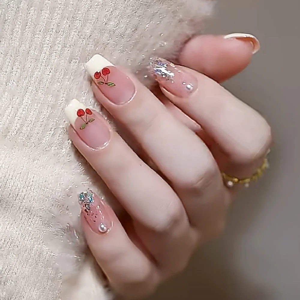 Cherry Tips Medium Coffin Silver Glitter Press On Nails