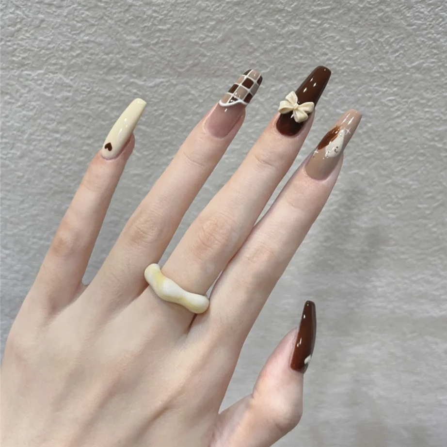 Chic Autumn Elegance Extra-Long Coffin-Shaped Beige and Brown Press On Nail Set with 3D Bow Detail