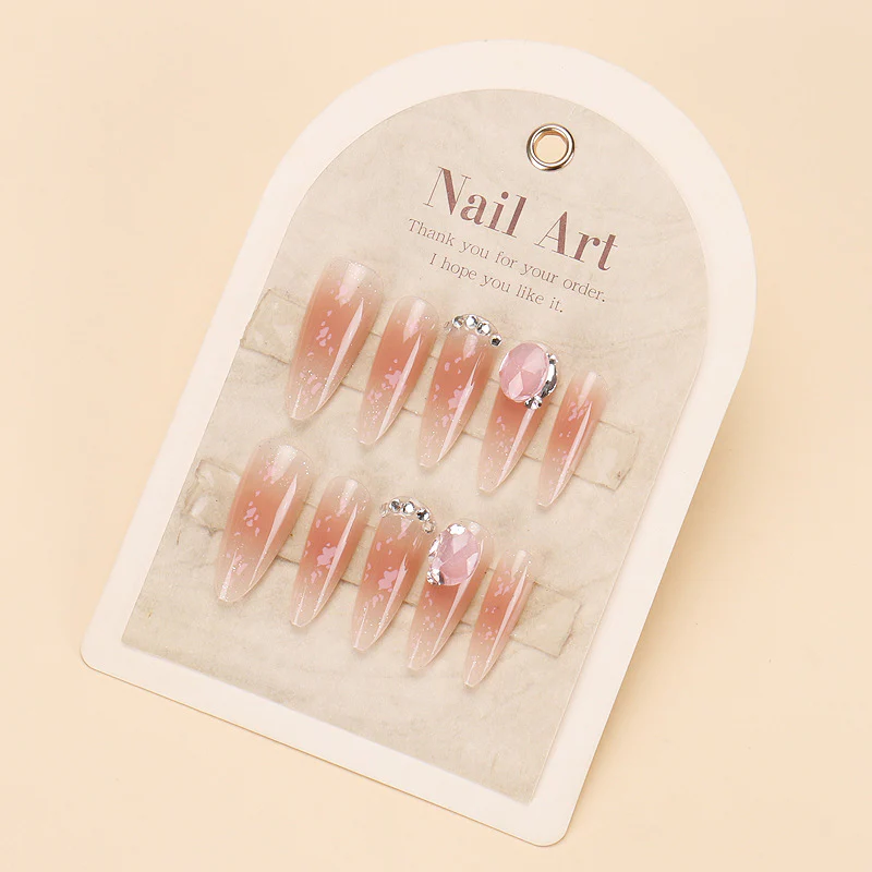 Chic Blossom Long Almond Beige Press On Nails with Floral Accents and Glamorous Rhinestones