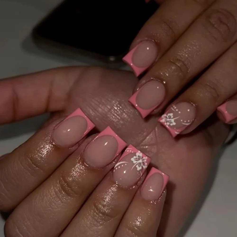 Chic Blossom Medium Square Shaped Medium Length Pink Press On Nail Set with Elegant Floral Design