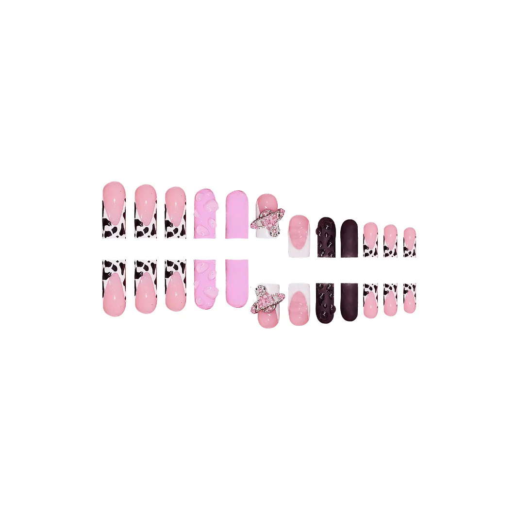 Chic Cowgirl Pink Medium Square Press On Nail Set with Unique Gem Accent and Trendy Cow Print Design