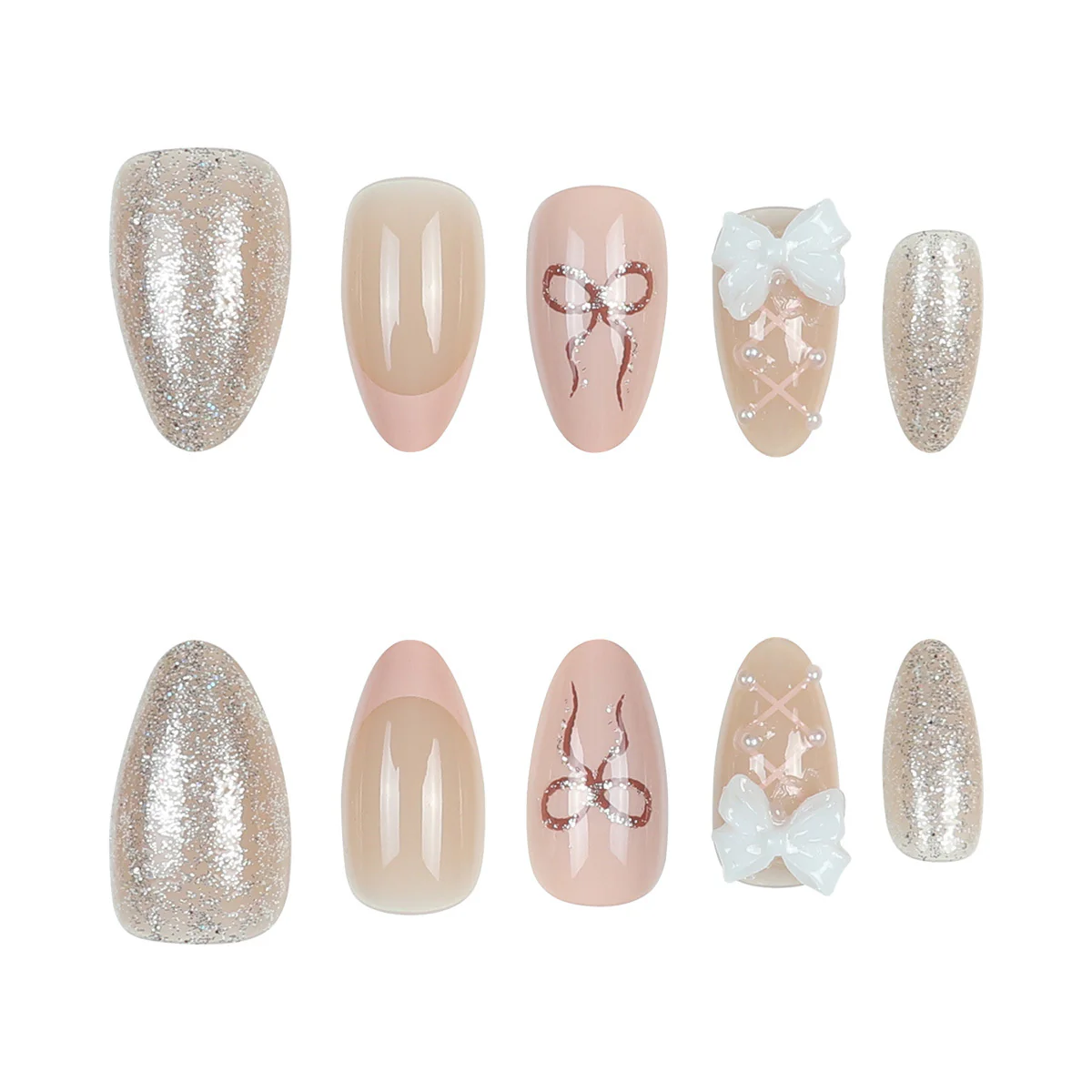 Chic Elegance Extra Medium Almond Pink and Silver Glitter Press On Nail Set with Charming Bow and Pearl Accents
