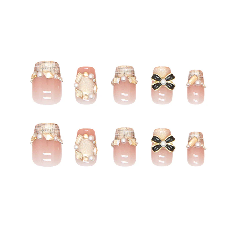 Chic Elegance Full Coverage Short Square Pink Nails with Glamorous Pearl and Bow Embellishments