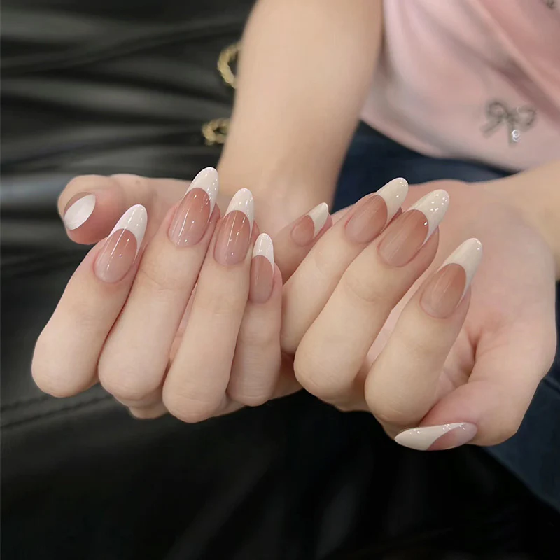 Chic Elegance Long Almond Shape Beige and White Gradient Nail Set with Glossy Finish