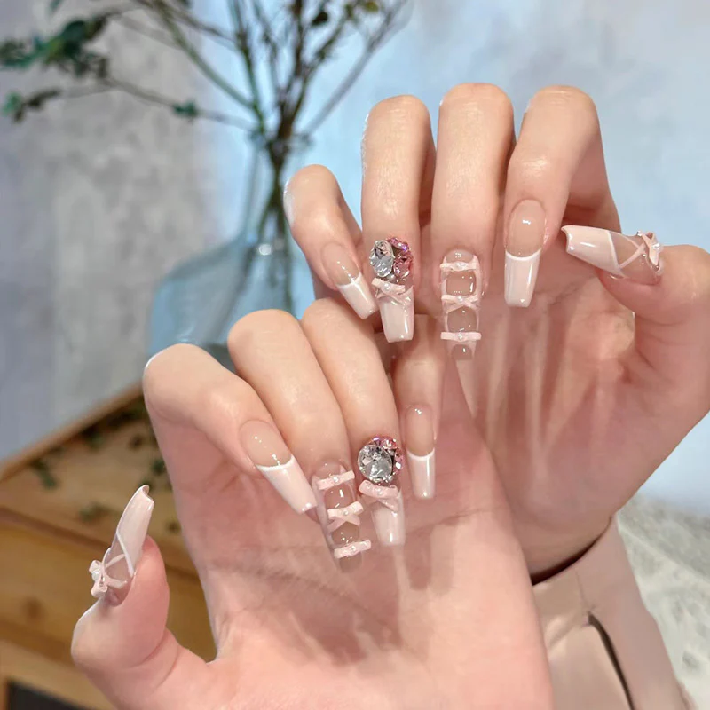 Chic Elegance Long Coffin Blush Pink Press On Nail Set with Sparkling Rhinestone Accents
