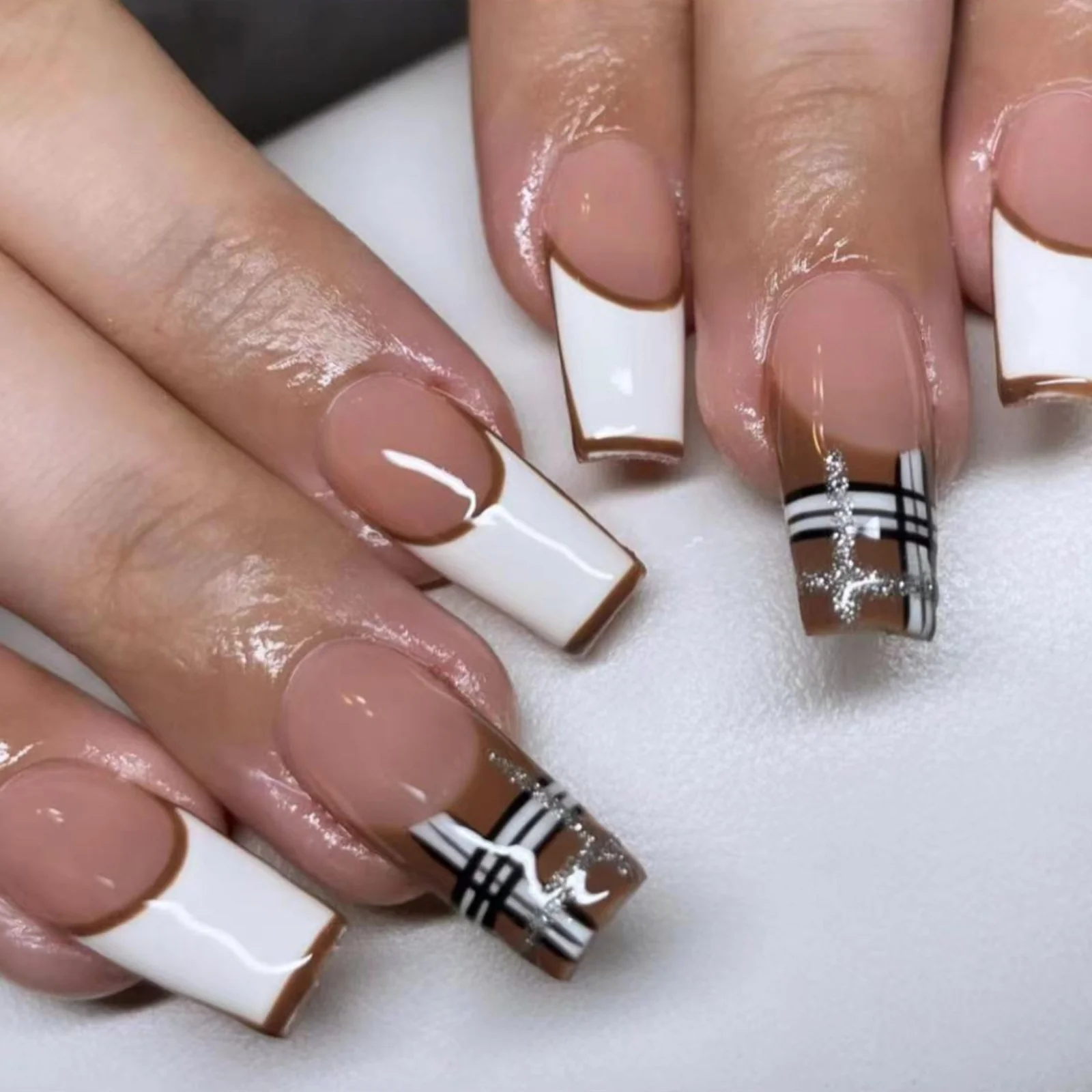 Chic Elegance Long Square Beige and White Nails with Unique Metallic Accents