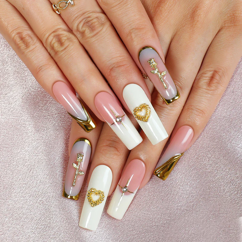 Chic Elegance Long Square Shaped Soft Pink and White Press On Nail Set with Gold Embellishments