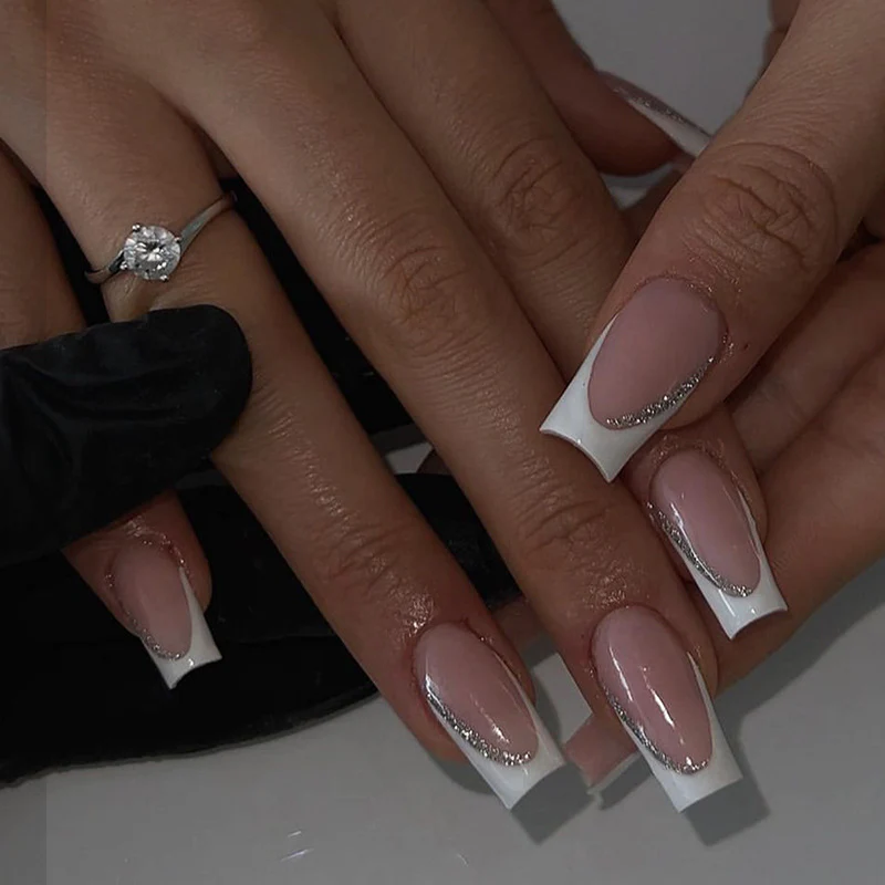Chic Elegance Long Square White with Glitter Design Press On Nail Set