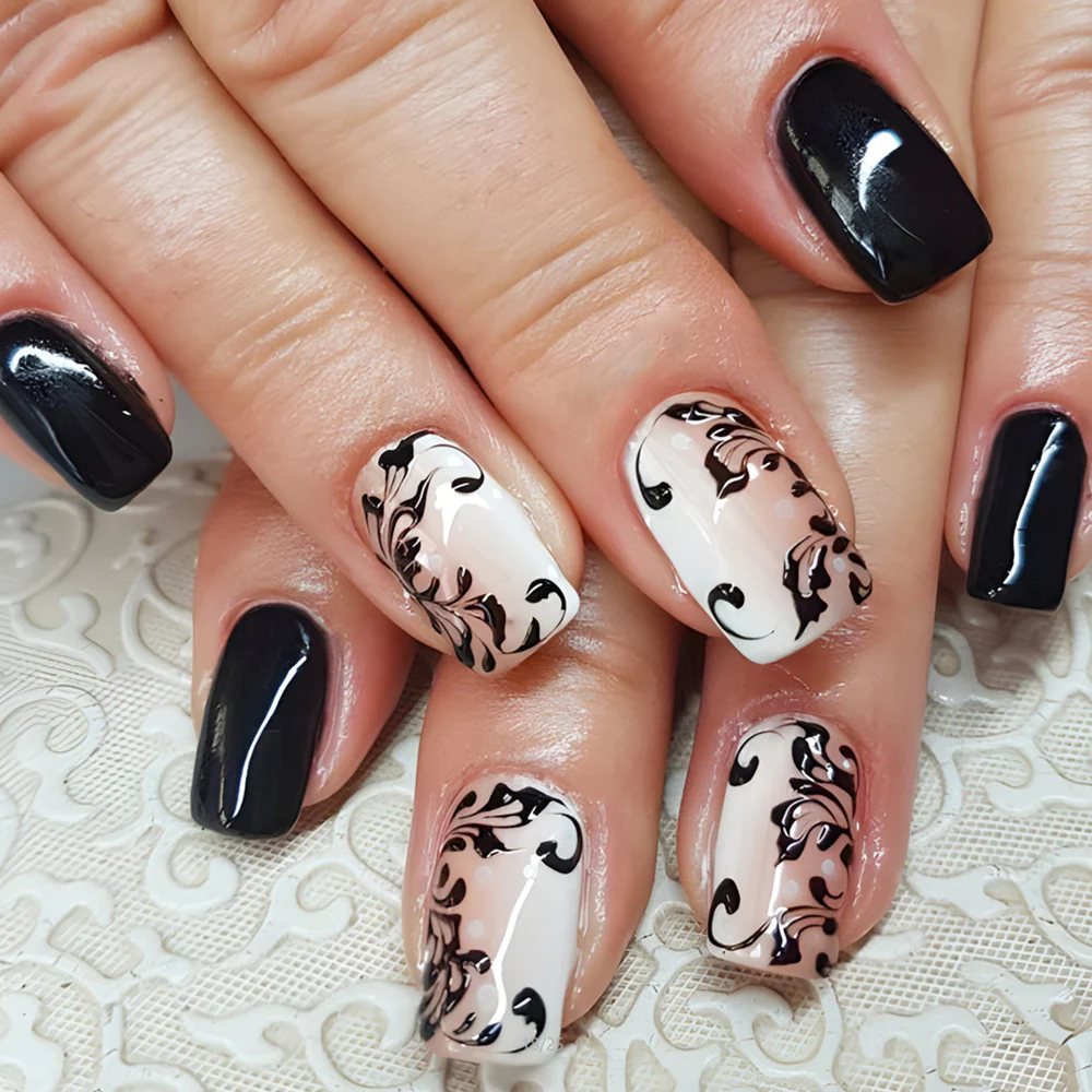 Chic Elegance Medium Square Black and White Artistry Press On Nail Set