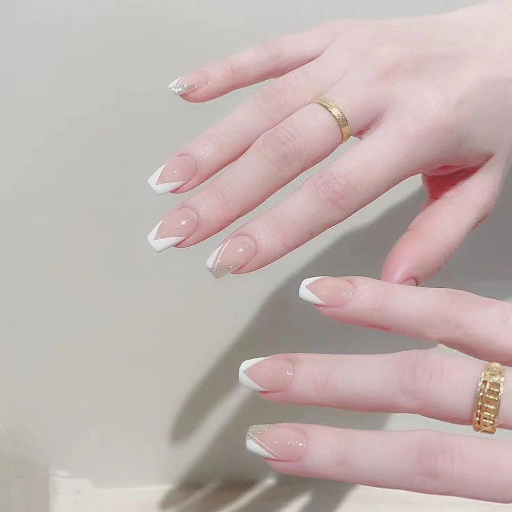 Chic Elegance Medium Square Natural Pink Press-On Nails with White Tips and Gold Glitter Accent