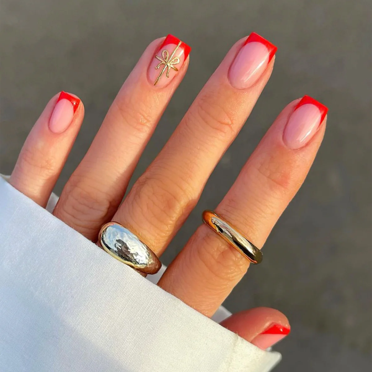 Chic Elegance Medium Square Pink Press On Nails with Red Tips and Gold Dragonfly Charm