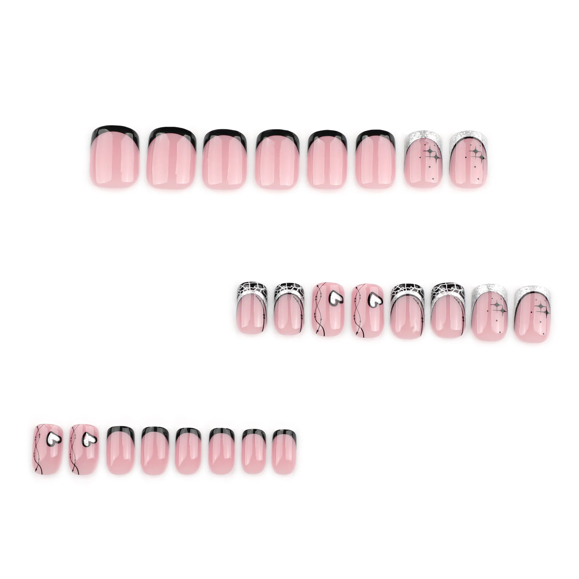Chic Elegance Short Square Pink Press On Nail Set with Striking Black Accents and Dazzling Glitter Tips