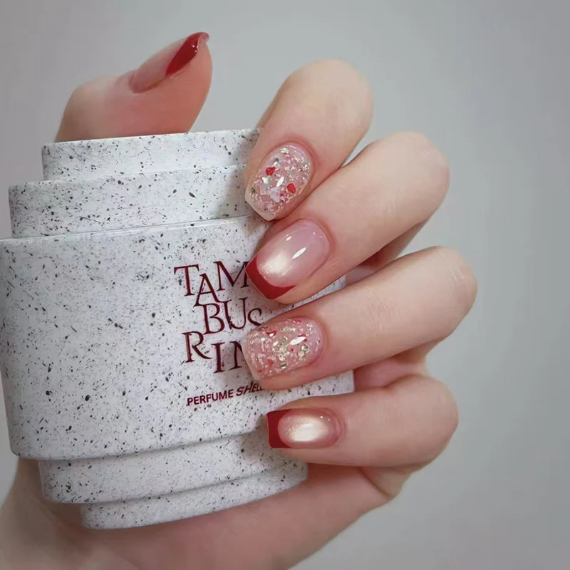 Chic Elegance Short Square Red and Pink Press on Nail Set with Sparkling Glitter Accent