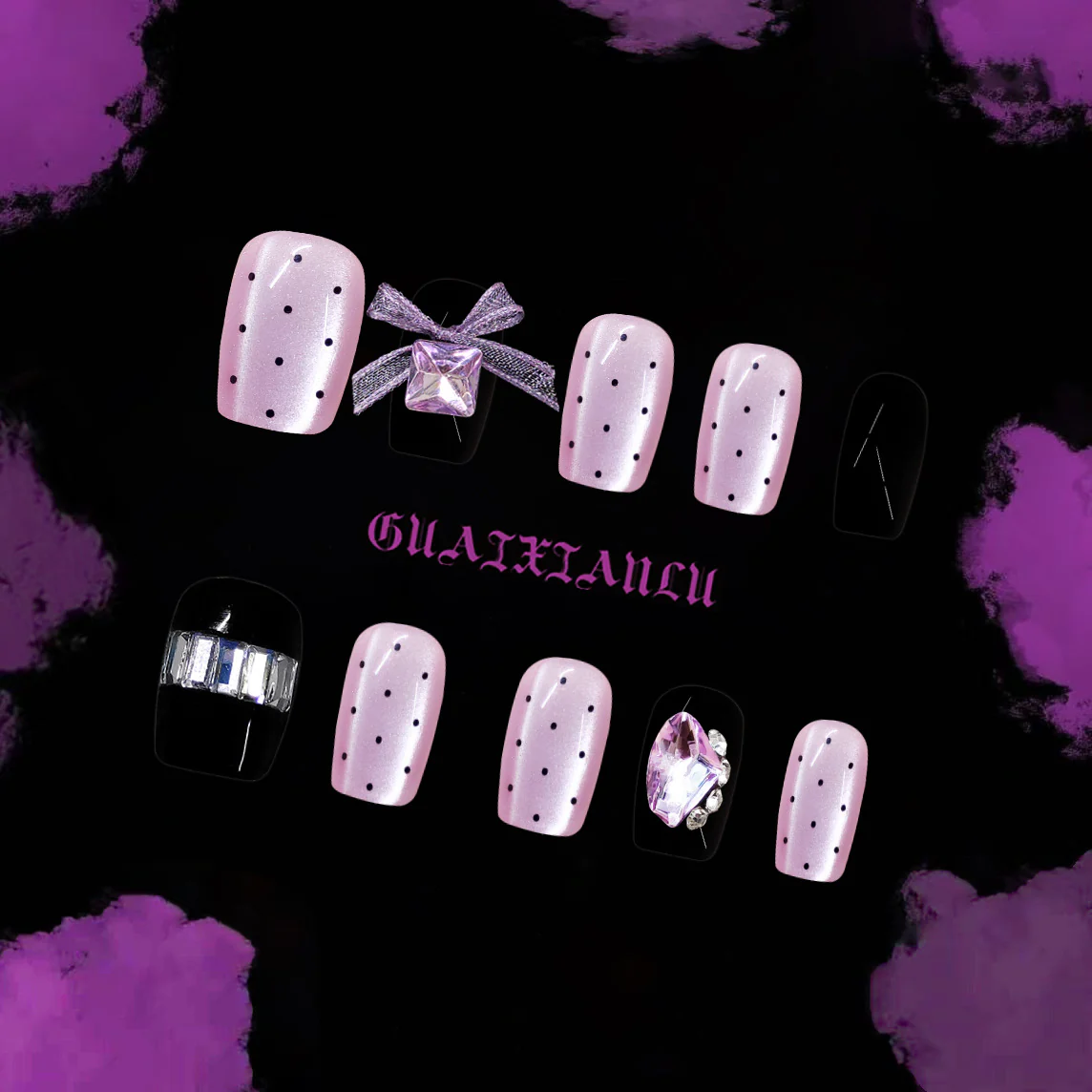 Chic Elegance Short Square Soft Pink with Dotted Design and Sparkling Gem Accents Press-On Nail Set