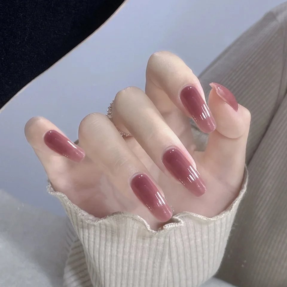 Chic Elegant Evening Long Coffin Burgundy Press On Nail Set with Glossy Finish