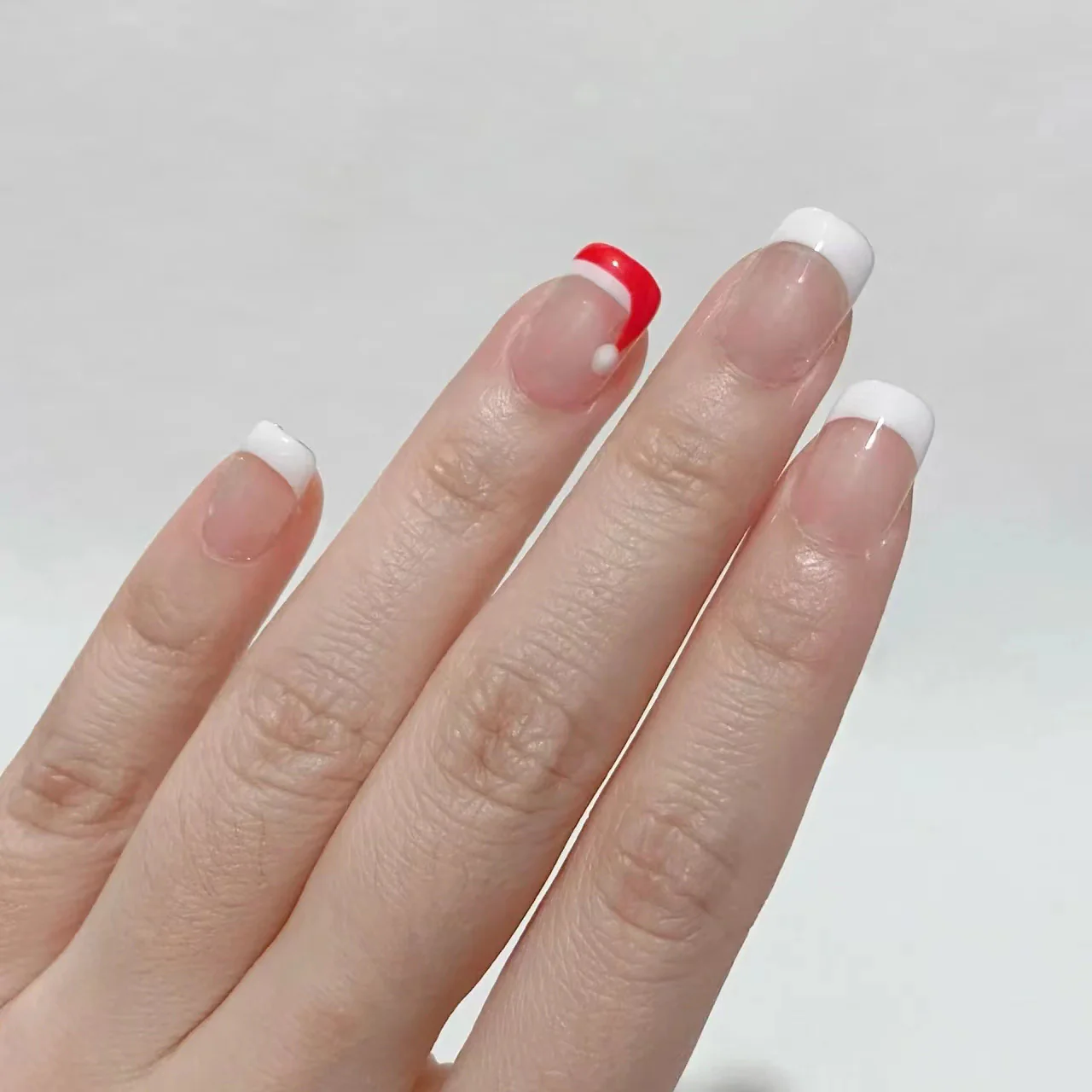 Chic French Tip Long Square Press On Nail Set Red White with Unique Dot Design