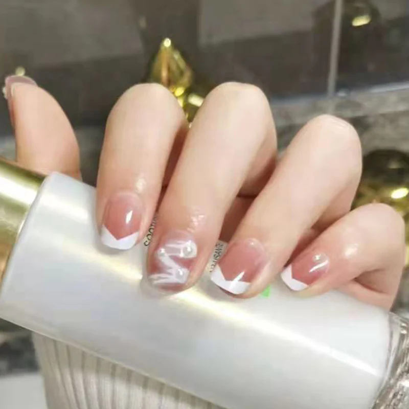 Chic French Tip Short Square Transparent Press On Nails with Delicate White Accents