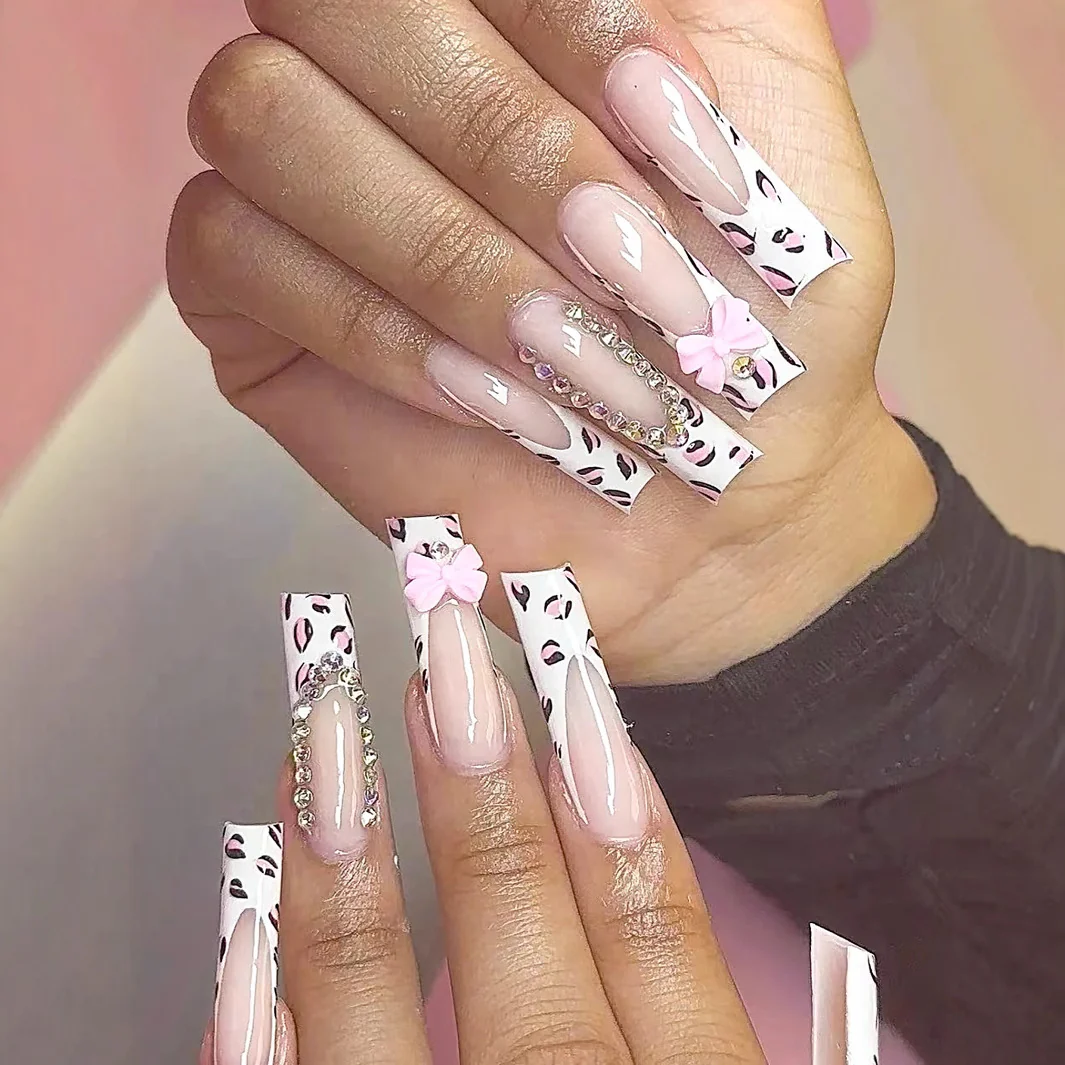 Chic Glamour Long Square Pink and White Nail Set with Rhinestones and Bows