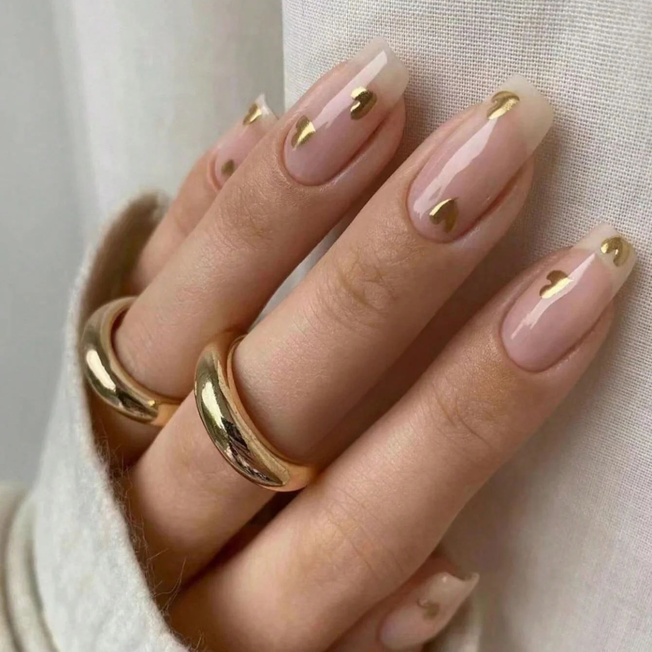 Chic Heartfelt Elegance Long Square Beige Press On Nail Set with Gold Accent Hearts