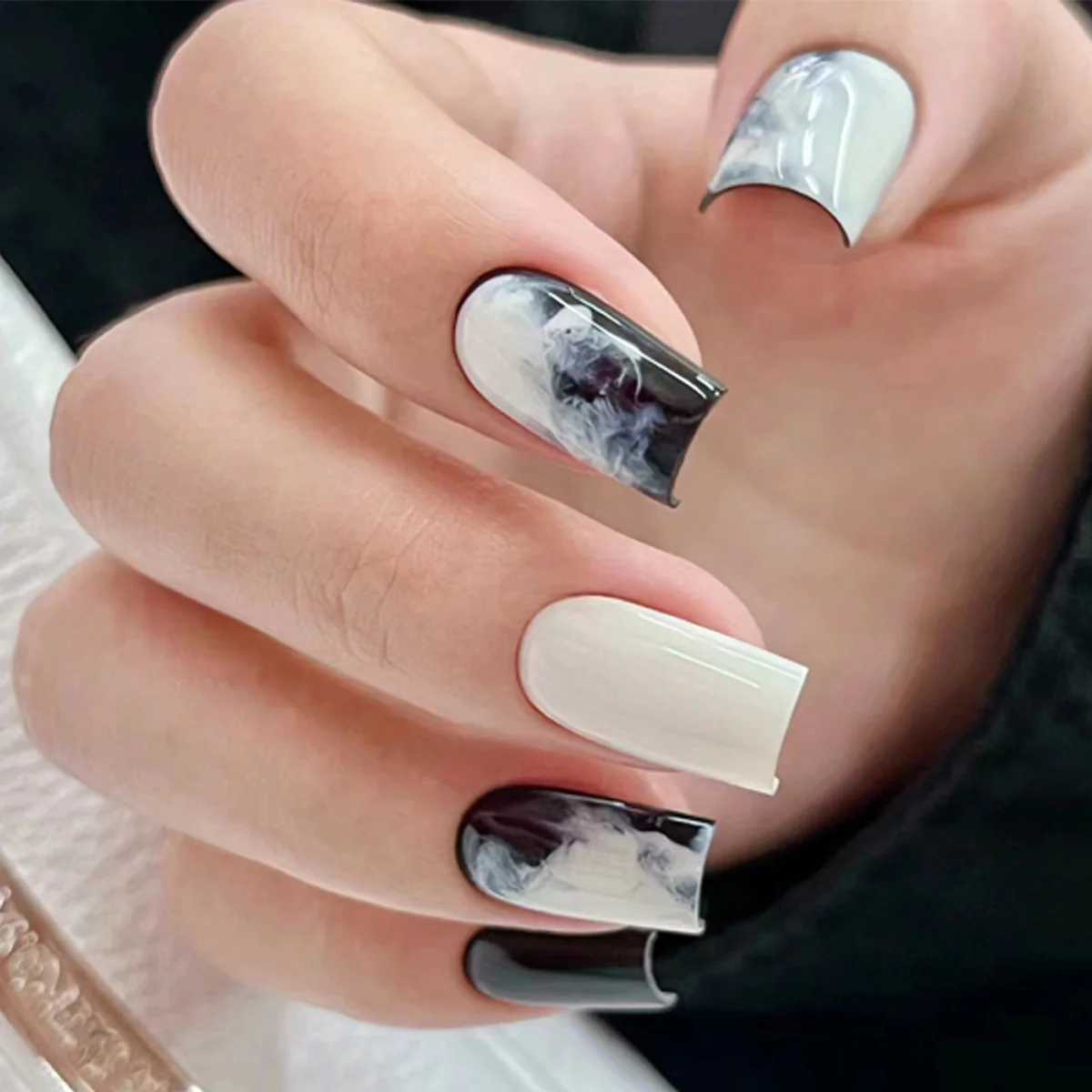 Chic Marble Inspired Long Square Black and White Press On Nail Set with Unique Swirl Design