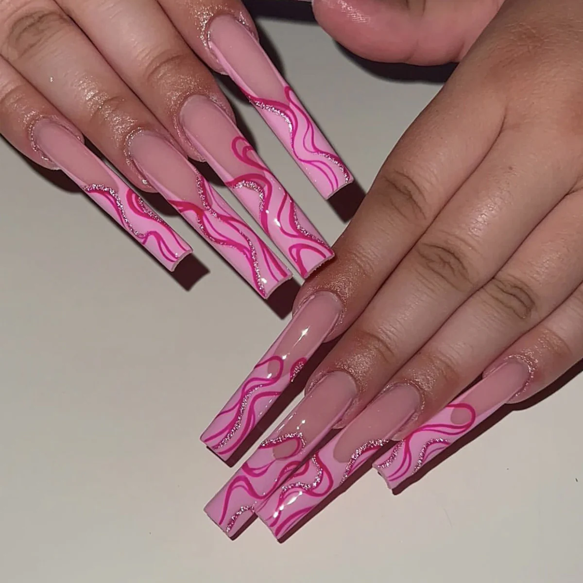 Chic Pink Mermaid Inspired Long Square Press On Nail Set with Glossy Finish and Wavy Design