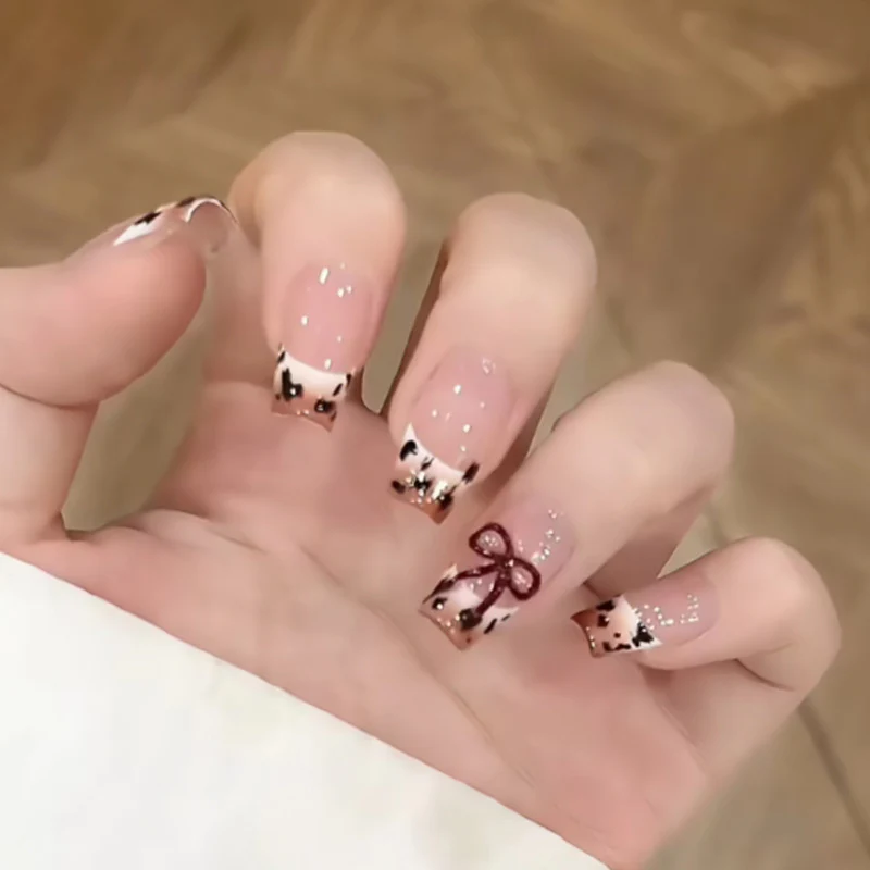 Chic Polka Dot Party Medium Coffin Pale Pink Press On Nail Set with Bows and Glitter Accents