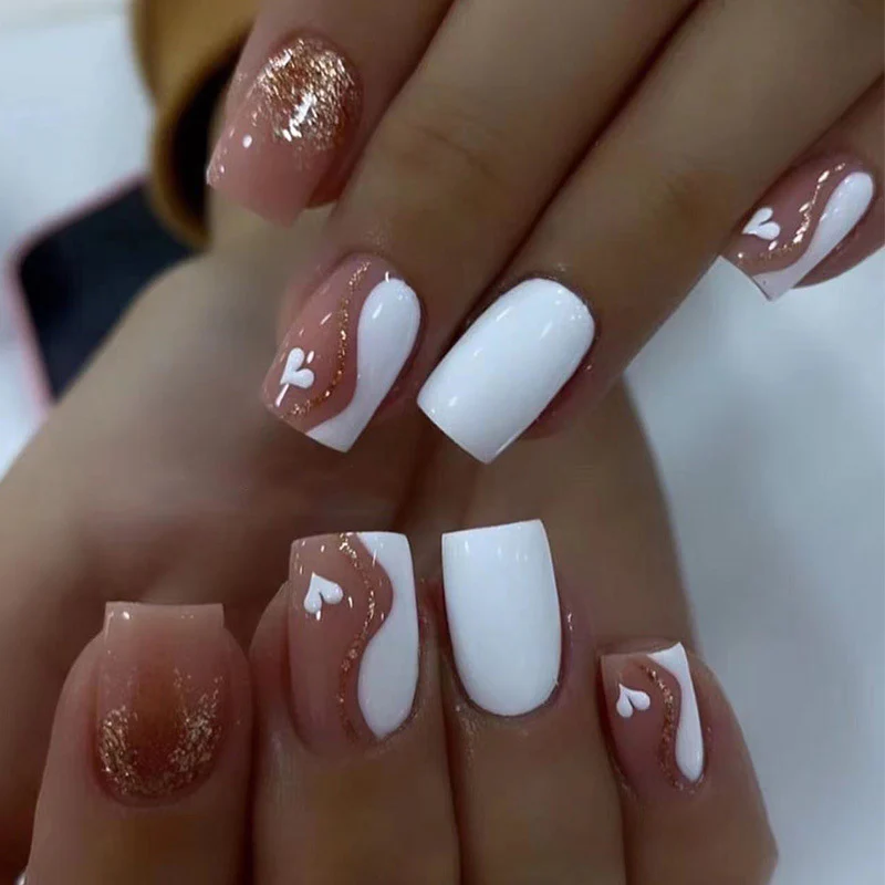 Chic Romance Long Square White and Beige Press On Nail Set with Heart and Glitter Designs