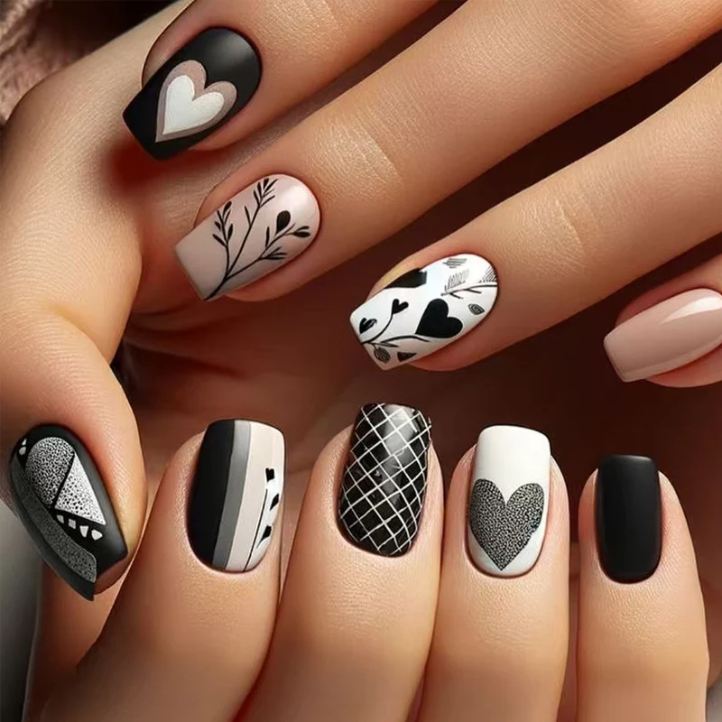 Chic Romance Short Square Shaped Long Lasting Black and White Floral and Heart Design Press On Nail Set