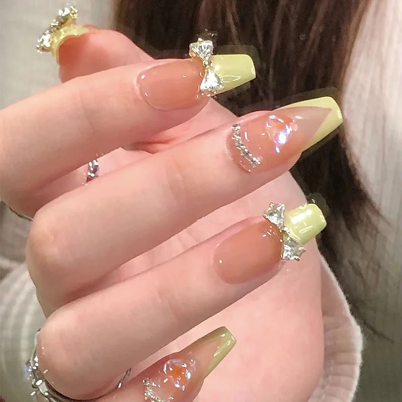 Chic Springtime Olive Green Long Coffin Press On Nail Set with Sparkling Accents