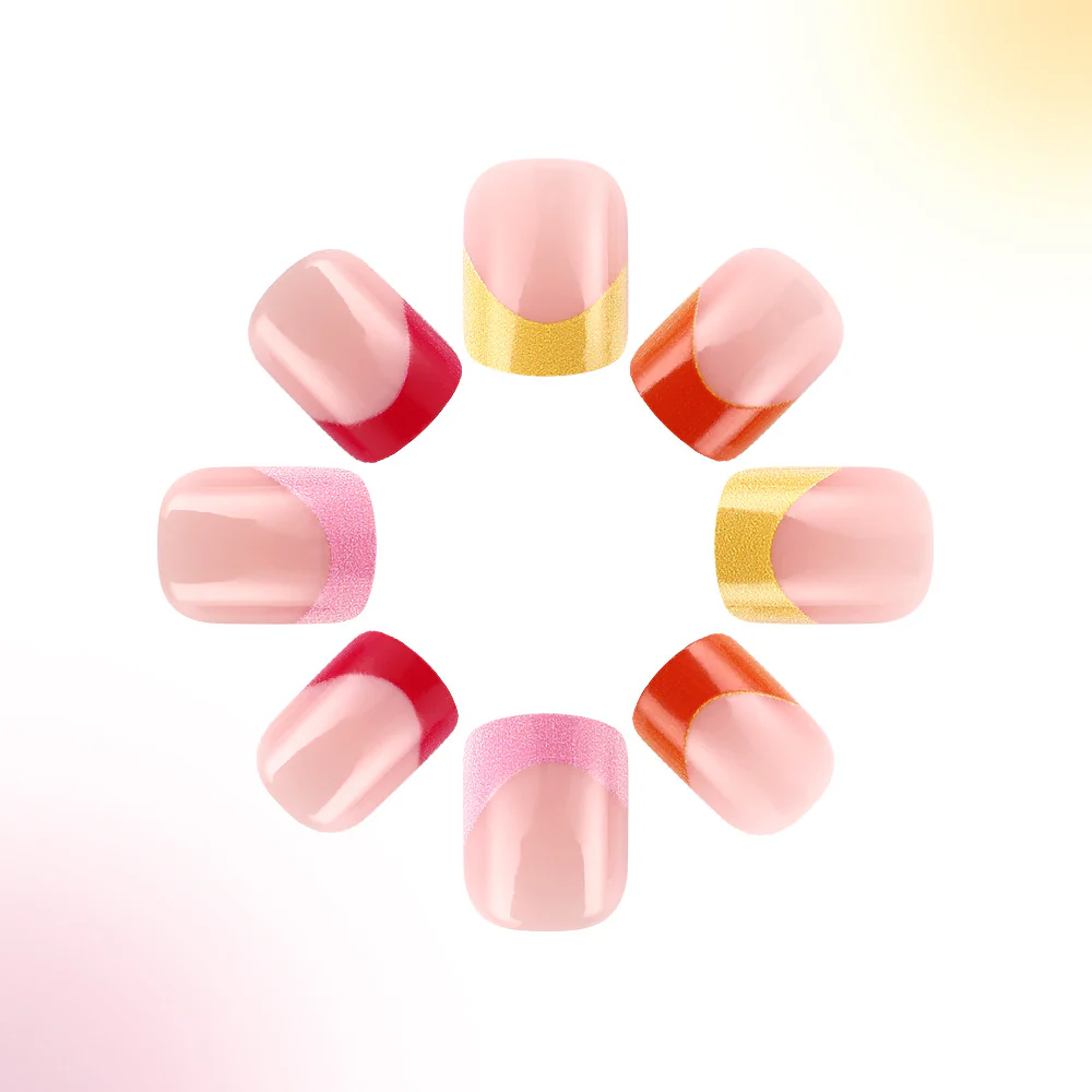 Chic Sunset Delight Short Square Press On Nail Set in Soft Pink Vibrant Red and Elegant Gold Accent