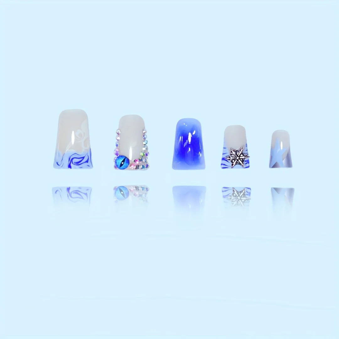 Chill Breeze Dreamy Blue Gradient Long Duck Press-On Nail Set with Rhinestone Accents