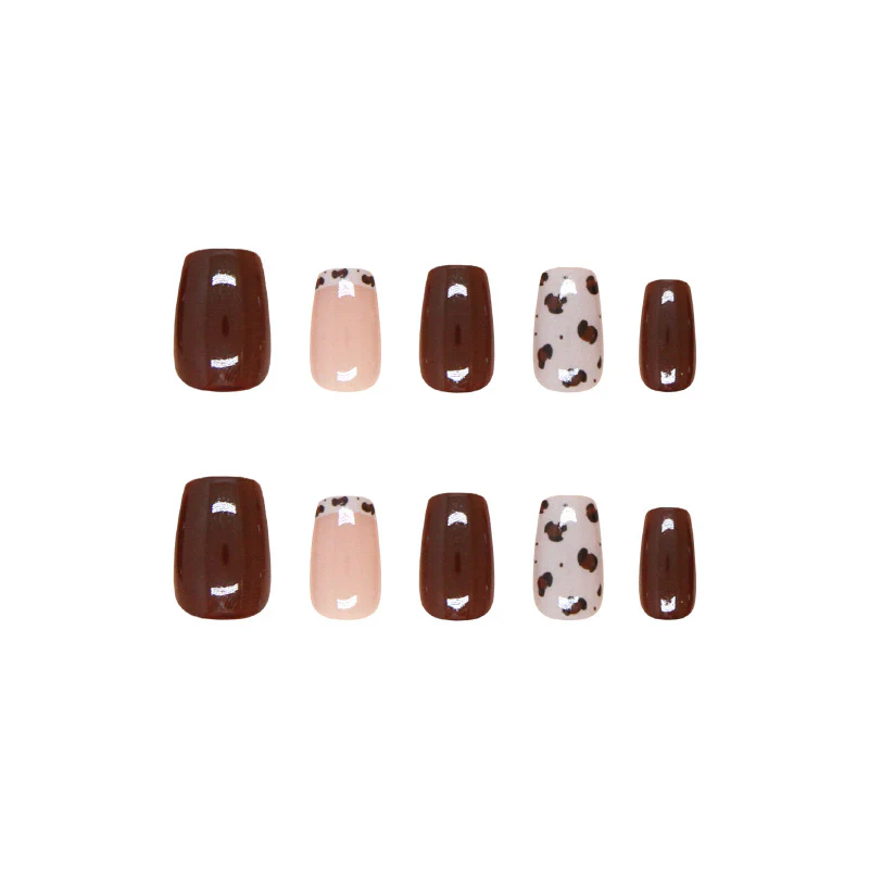 Choco Delight Glossy Short Square Shaped Brown and Cream Cow Print Press on Nail Set