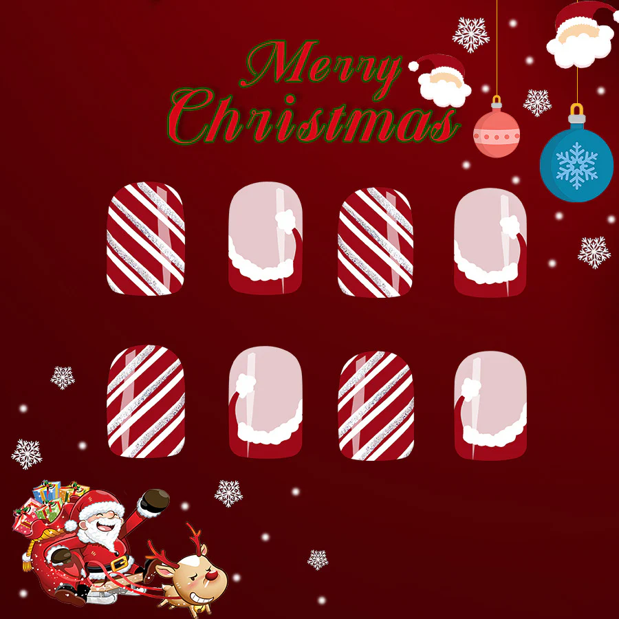Christmas Cheer Short Oval Red and White Candy Cane Press On Nail Set with Glitter Accents