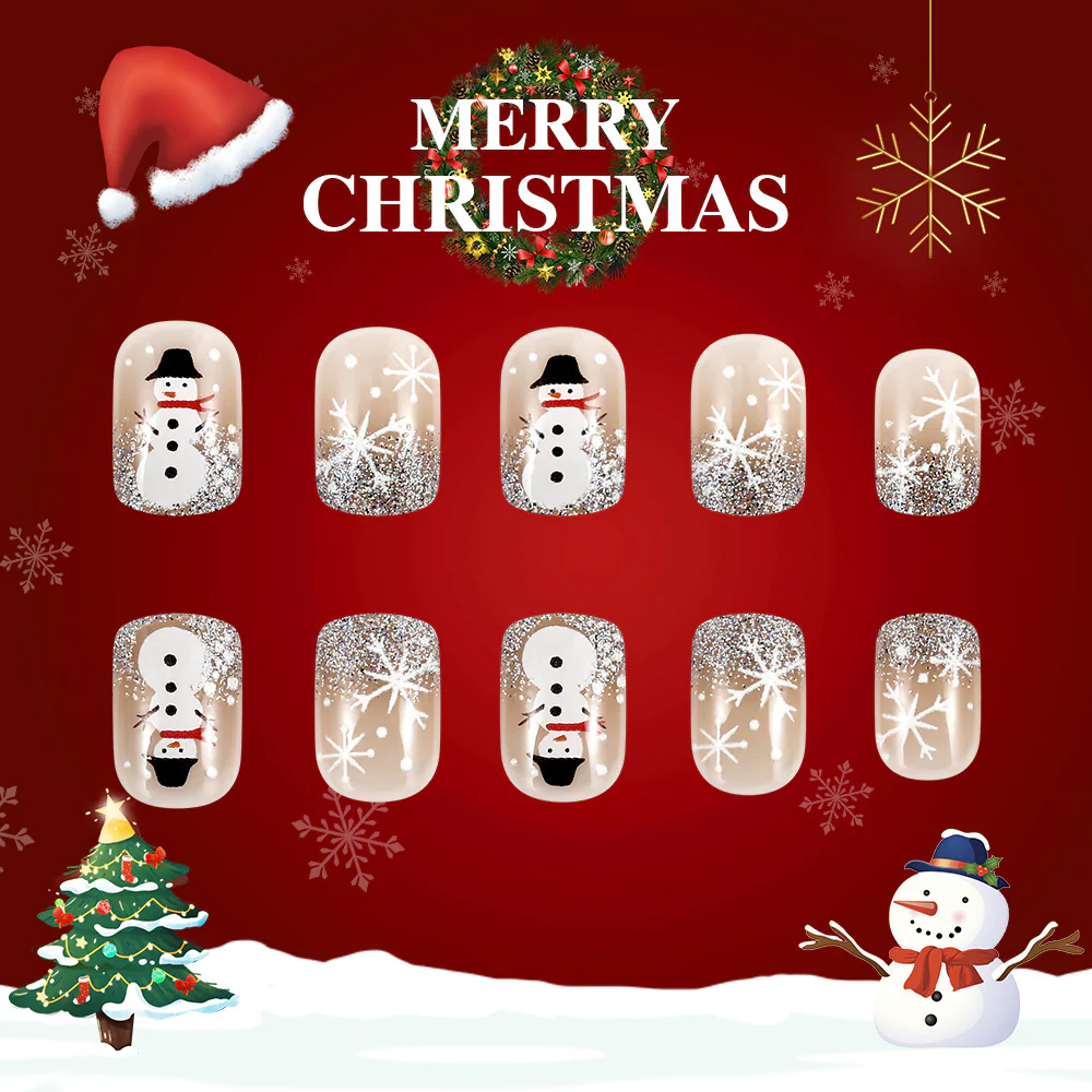 Christmas Snowy Charm Short Squoval Clear and White Glitter Snowman Press-On Nail Set