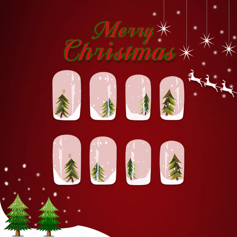 Christmas Wonderland Press On Nail Set Medium Oval Clear Green Tree Design