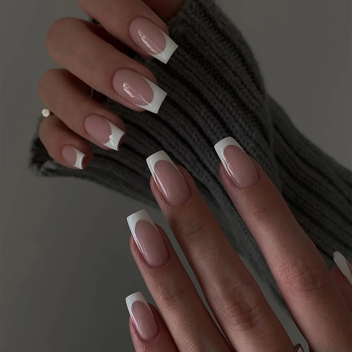 Classic Cozy Long Coffin Press On Nail Set, Sheer Beige with White French Tips and Subtle Accent Designs