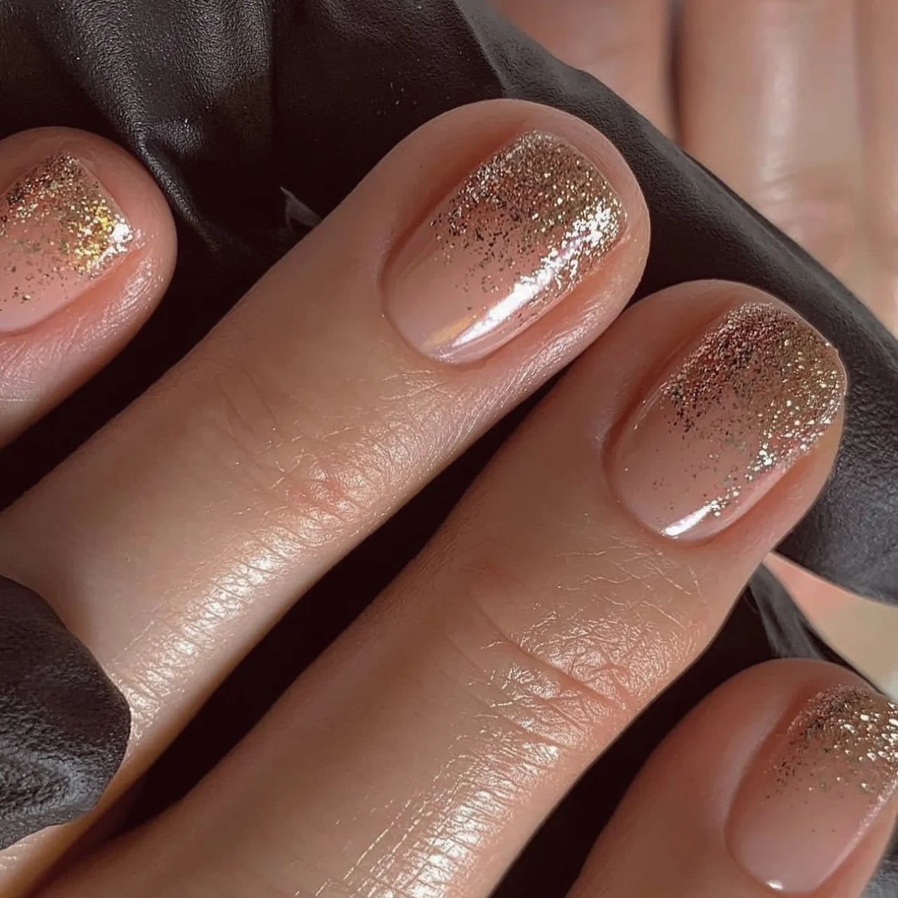 Classic Elegance Short Squoval Beige Press On Nails with Gold Glitter Gradient
