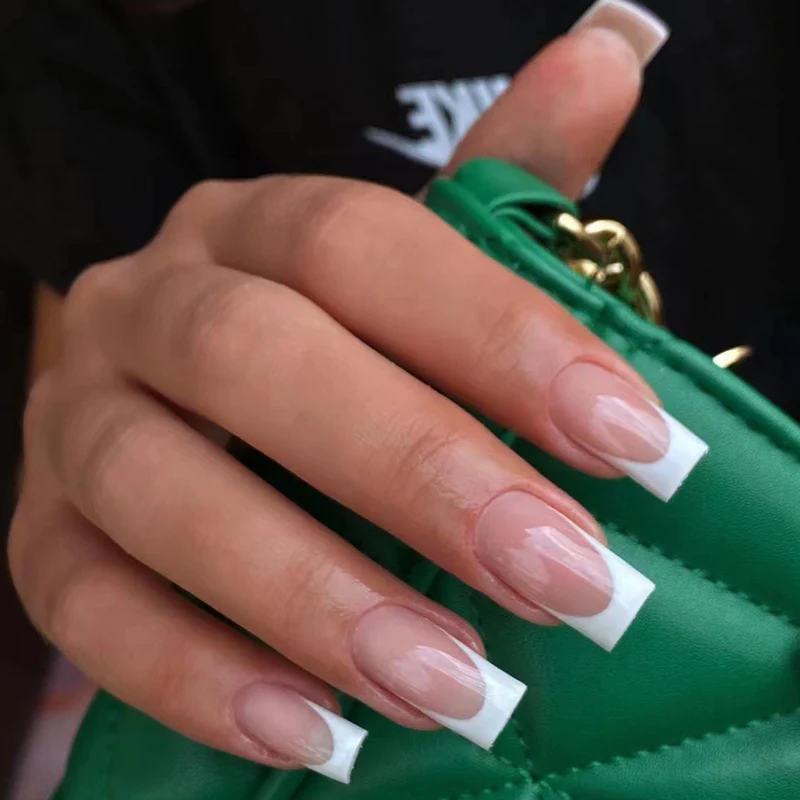 Classic French Medium Square Transparent Press On Nail Set with White Tips
