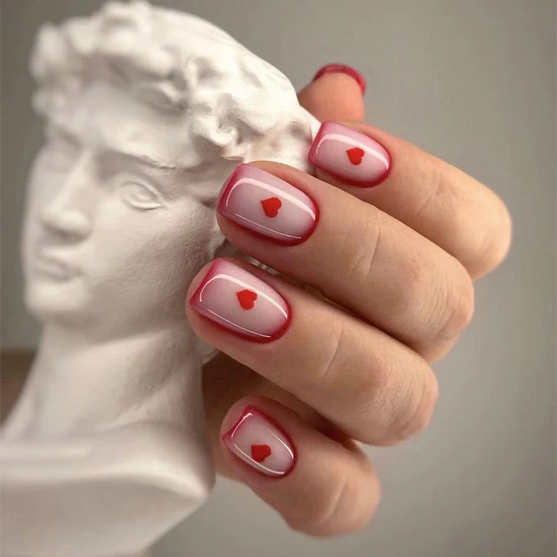 Classical Charm Medium Square Pink Press-On Nails with Subtle Red Heart Accents