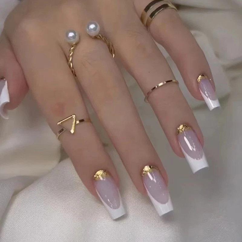 Coconut Medium Coffin White French Tips Press On Nails