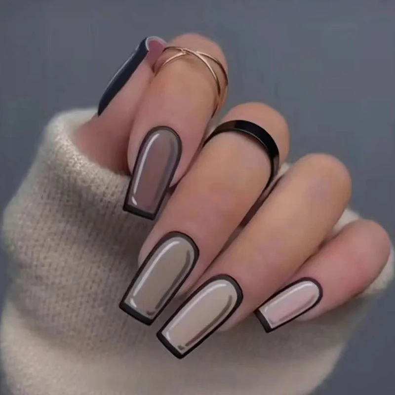 Comic Book Cutie Long Coffin Gray Black Outline Press On Nails