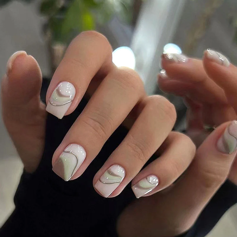 Communicate It Short Square Green Marble Press On Nails