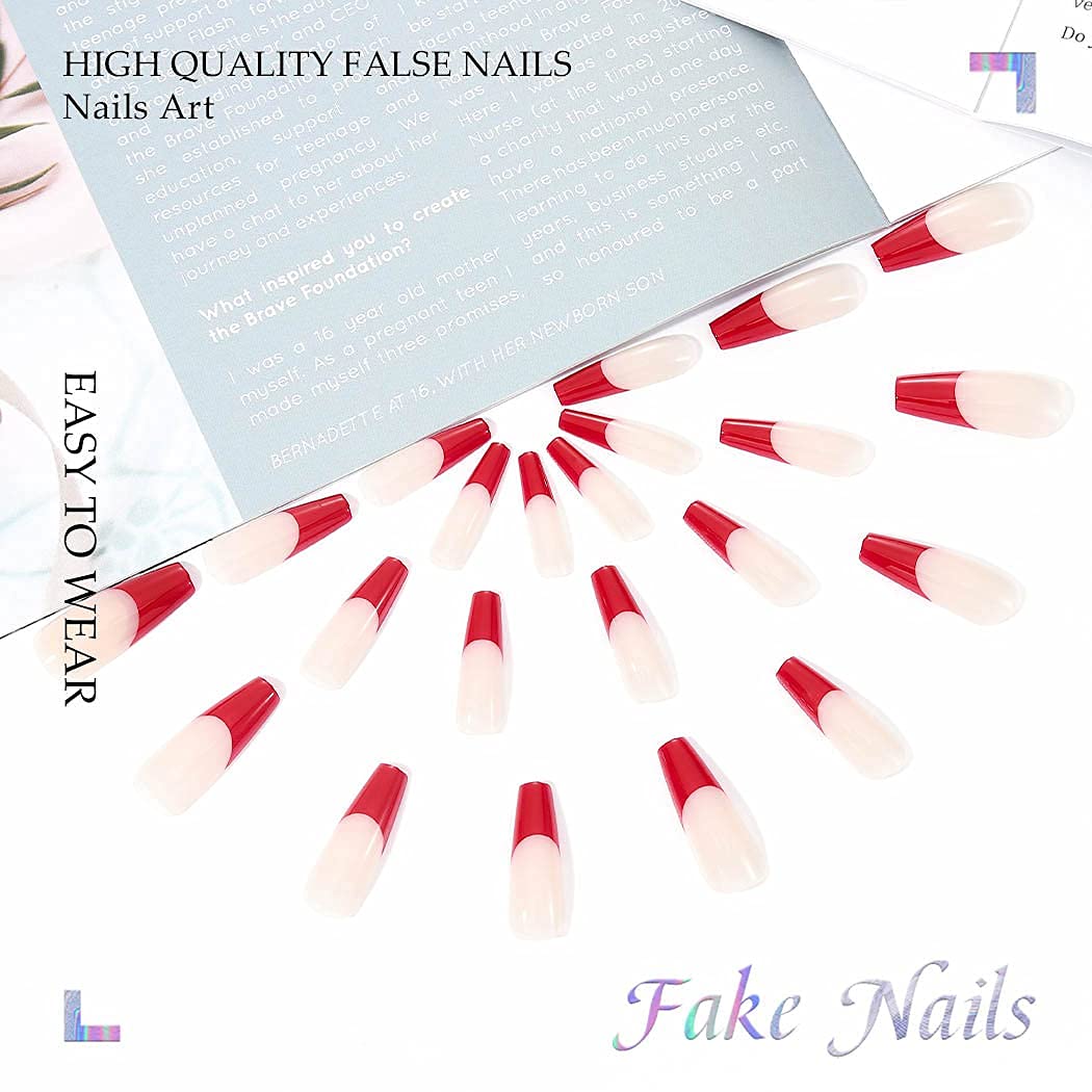 Convertible Long Square Red French Tips Press On Nails - Image 3