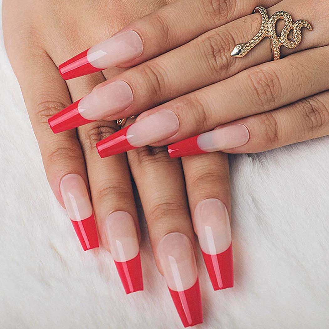 Convertible Long Square Red French Tips Press On Nails - Image 4