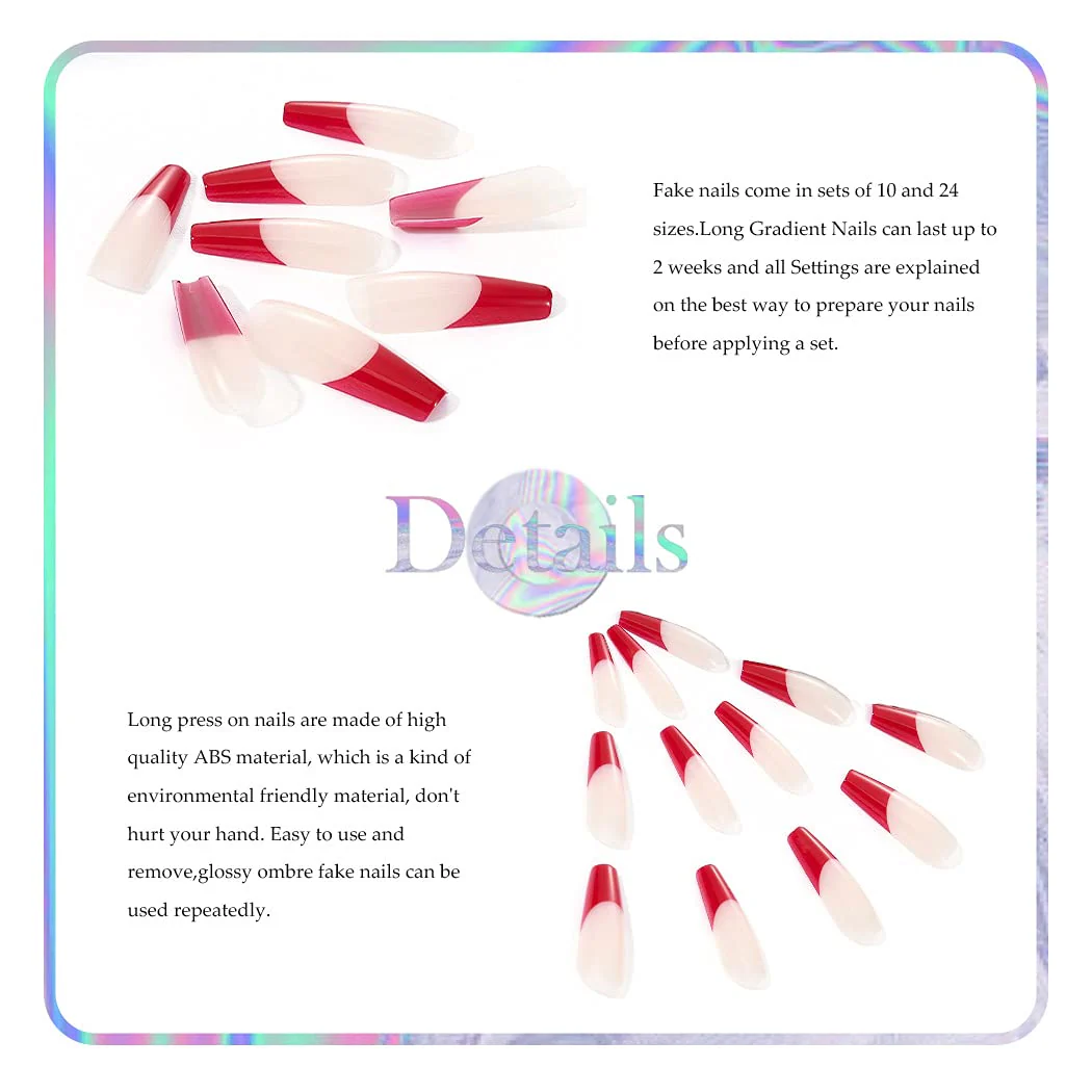 Convertible Long Square Red French Tips Press On Nails - Image 5