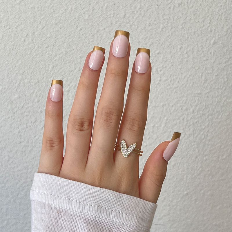 Copper Penny Short Square Beige French Tips Press On Nails
