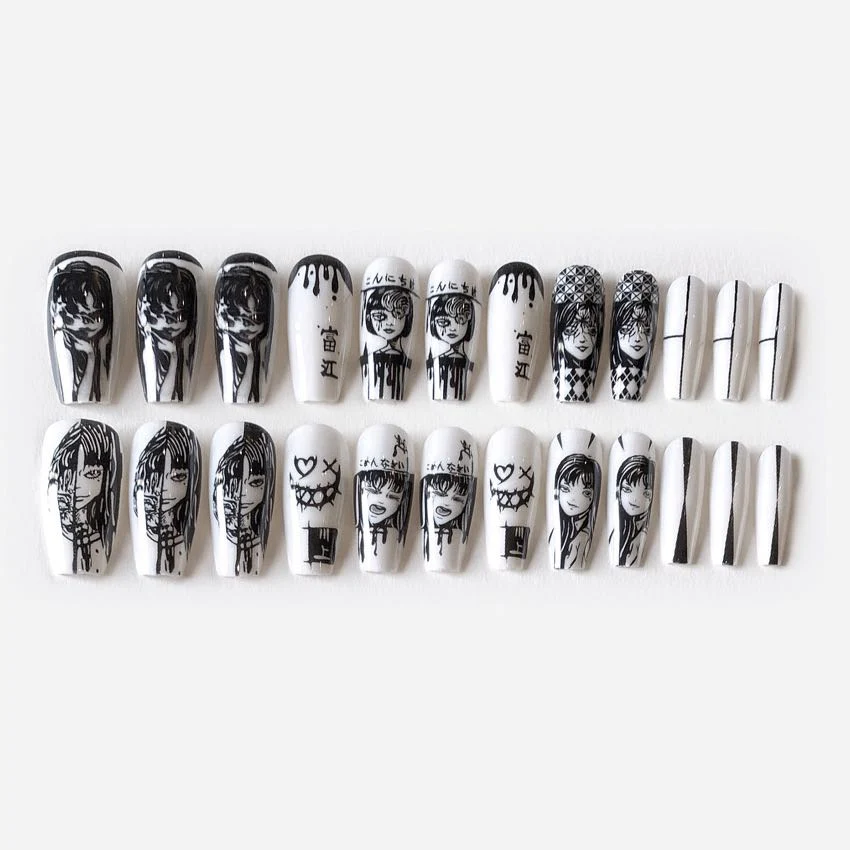 Anime Fanime Long Coffin Black and White Artistic Press On Nails - Image 5