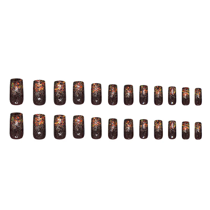 Cosmic Aurora Medium Square Dark Brown Press-On Nail Set with Unique Glitter Blend