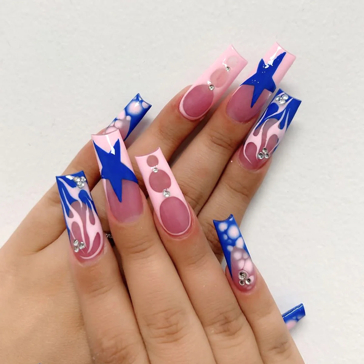 Cosmic Bliss Long Square Blue and Pink Press on Nail Set with Sparkling Accents